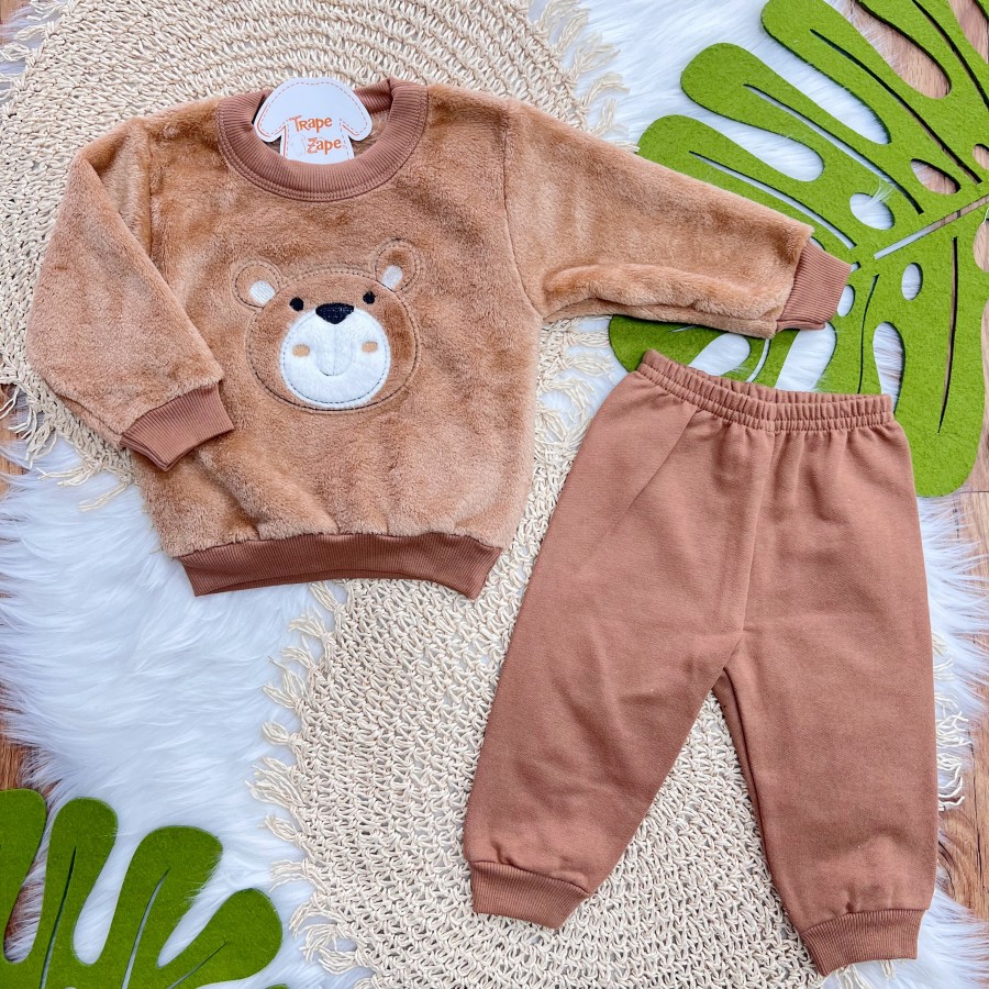 Conj. Casaco de Pelinho Ursinho e Calça de Moletom - Marrom